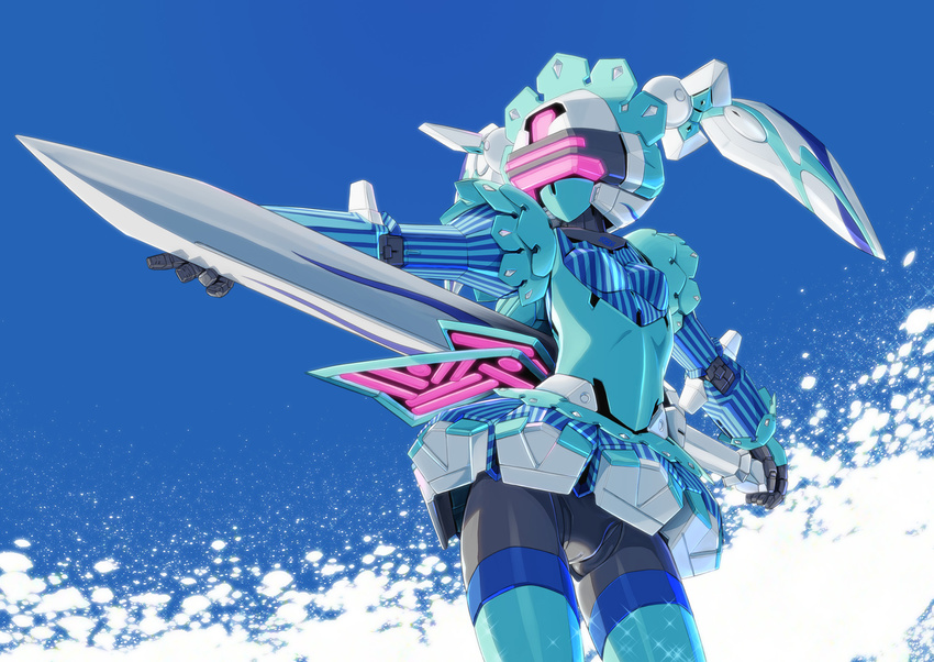 blue breasts cameltoe fei-yen highres mecha musen-shiki_sanhankikan skirt small_breasts solo striped sword virtual_on weapon