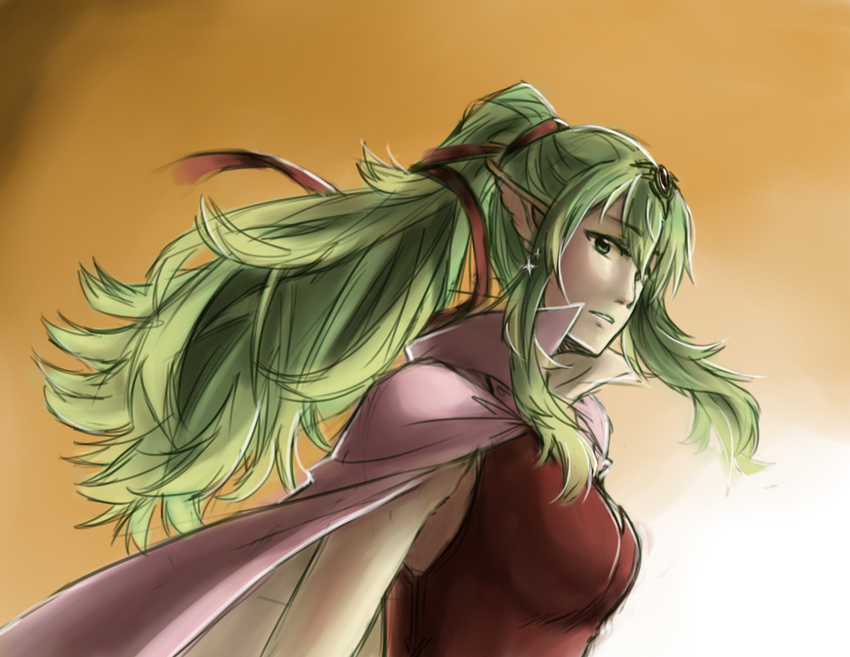 alicethebrabbito bad_id bad_pixiv_id cape chiki fire_emblem fire_emblem:_kakusei green_eyes green_hair hair_ornament hair_ribbon long_hair mamkute pointy_ears ponytail ribbon sketch solo