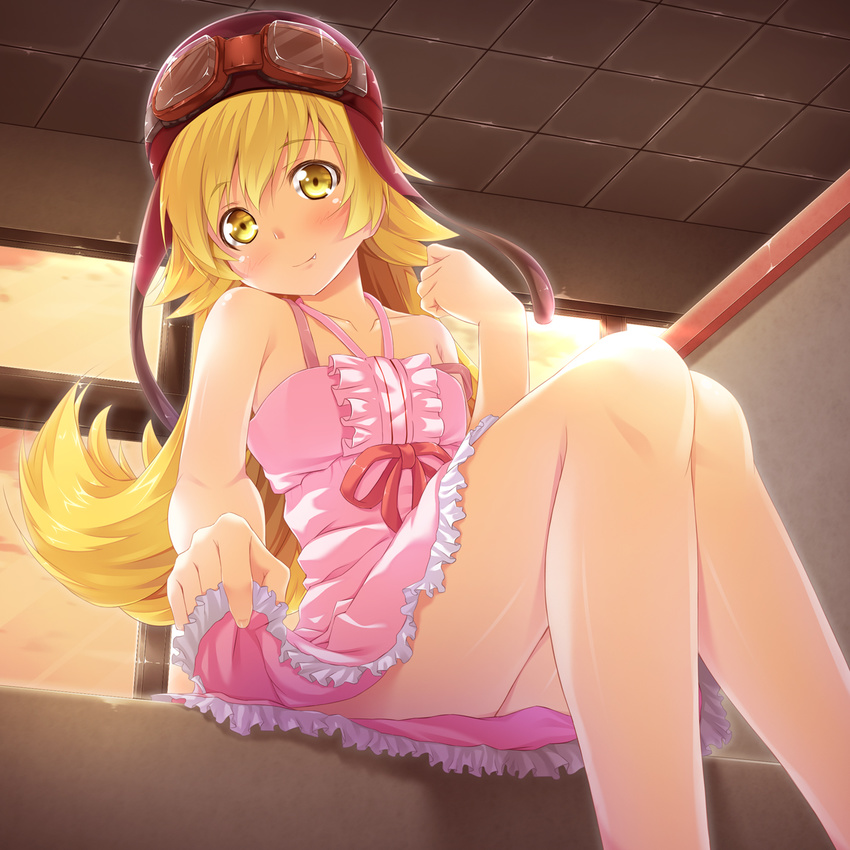 backlighting bakemonogatari bangs bare_legs bare_shoulders blonde_hair blush ceiling clenched_hand cloud dress fang fang_out flat_chest flipped_hair frilled_dress frills from_below goggles goggles_on_headwear halterneck head_tilt helmet highres indoors legs light_smile long_hair long_legs looking_at_viewer monogatari_(series) olive_(laai) oshino_shinobu pink_dress ribbon shadow short_dress sitting skirt_hold sky smile solo strap_slip sunset tile_ceiling tiles upskirt very_long_hair window yellow_eyes