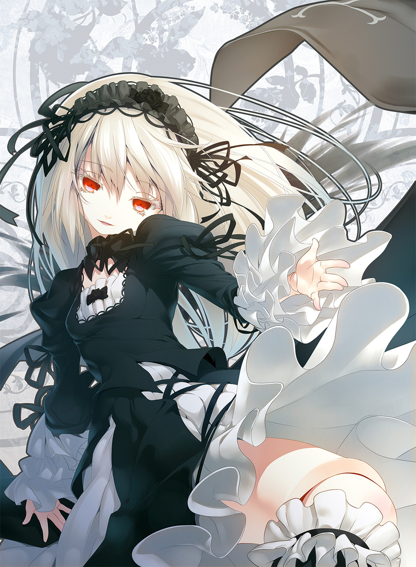 breasts doll_joints dress frills hairband highres lolita_fashion long_hair nilitsu red_eyes rozen_maiden silver_hair small_breasts solo suigintou thighhighs wings