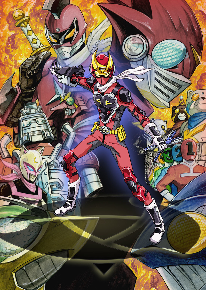 animal_helmet arm_blade armor artist_request belt boots breastplate character_request compound_eyes crescent ear_protection everyone feathers gauntlets helm helmet highres key_visual knee_pads mecha multiple_boys nunchaku official_art red_axe samurai_flamenco samurai_flamenco_(character) sword utility_belt visor weapon