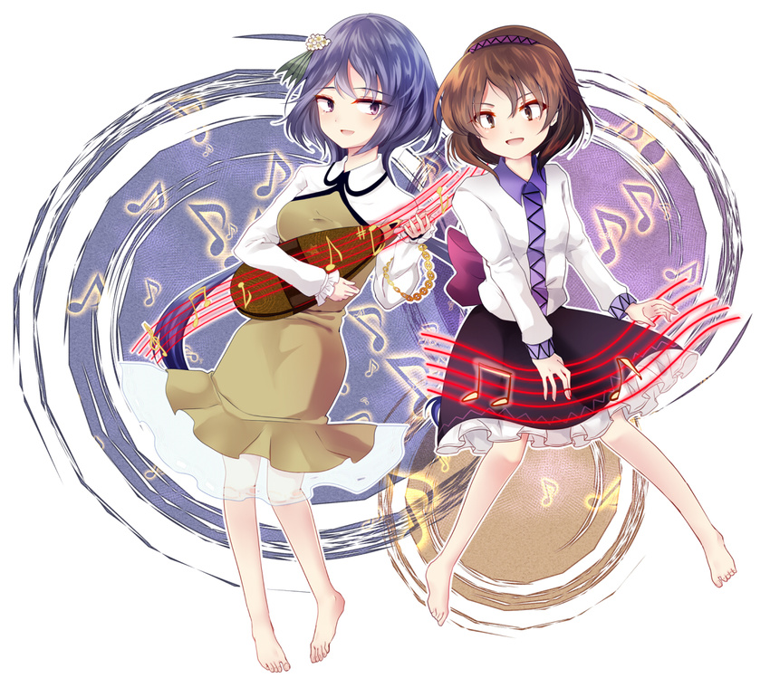 barefoot biwa_lute brown_eyes brown_hair hairband instrument lute_(instrument) multiple_girls musical_note purple_eyes purple_hair siblings sisters touhou tsukumo_benben tsukumo_yatsuhashi uranaishi_(miraura)