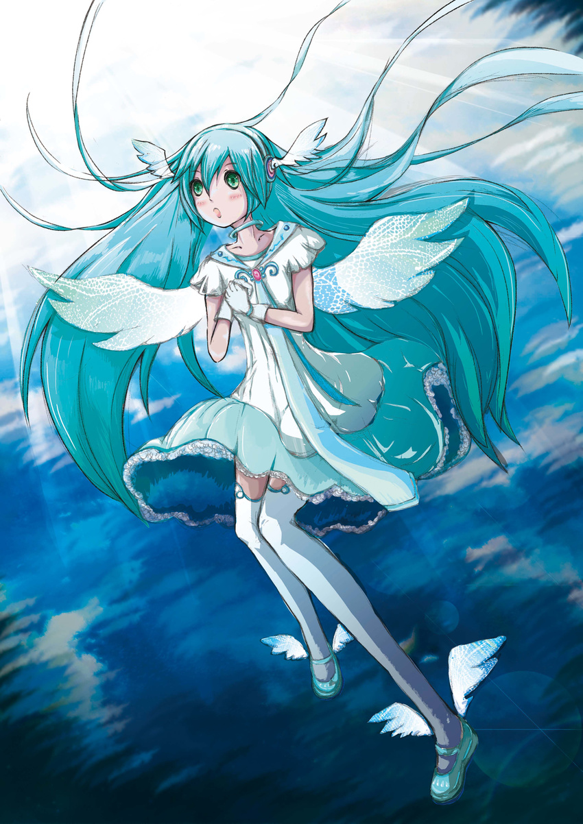 :o absurdres bad_id bad_pixiv_id blue_footwear blue_hair gloves green_eyes hatsune_miku highres long_hair project_diva project_diva_(series) shoes thighhighs vocaloid white_gloves white_legwear winged_shoes wings