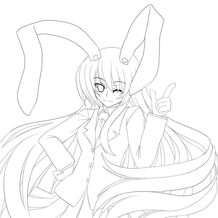 absurdres animal_ears bunny_ears greyscale hand_on_hip highres iwanori lineart long_hair looking_at_viewer monochrome necktie one_eye_closed reisen_udongein_inaba smile solo touhou very_long_hair