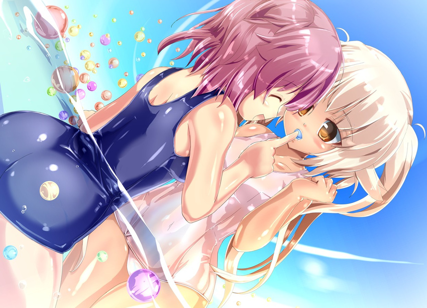 blonde_hair closed_eyes long_hair multiple_girls naka one-piece_swimsuit original pink_hair school_swimsuit shiny shiny_clothes short_hair swimsuit water wet wet_clothes yellow_eyes