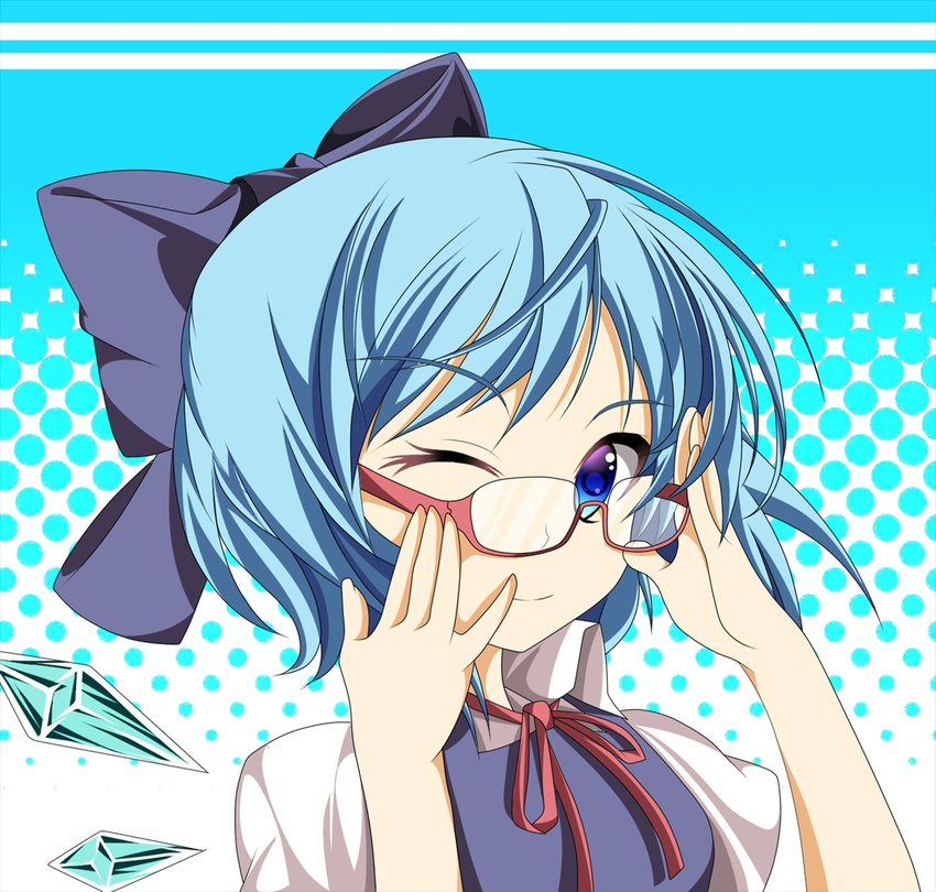 adjusting_eyewear bad_id bad_pixiv_id bespectacled blue_dress blue_eyes blue_hair bow cirno dress glasses hair_bow halftone halftone_background hikobae looking_at_viewer one_eye_closed red-framed_eyewear smile solo touhou upper_body wings