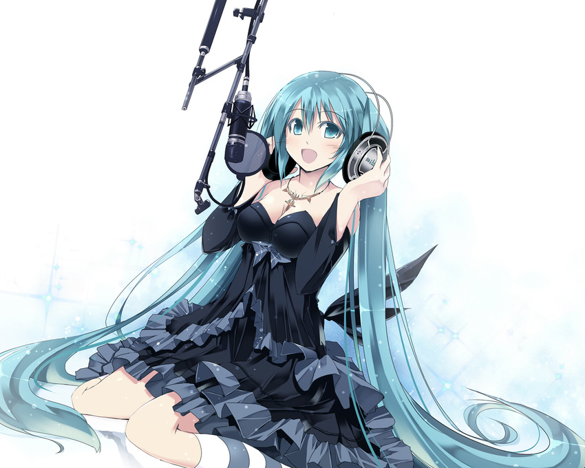 black_dress blue_eyes blue_hair dress hatsune_miku headphones jewelry kneeling long_hair microphone necklace satomi solo striped striped_legwear twintails vocaloid