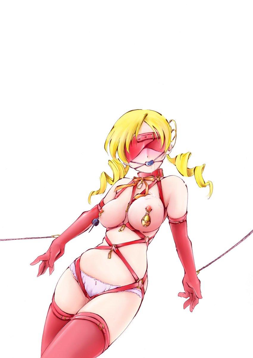ball_gag bdsm blindfold blonde_hair blush bondage bound breasts buckle collar cosplay drill_hair elbow_gloves gag gagged gloves grief_seed hair_ornament hairpin harness highres jason_(kaiten_kussaku_kikou) large_breasts mahou_shoujo_madoka_magica nipple_piercing nipples no.38 no.38_(cosplay) panties piercing red_blindfold saliva simple_background slave solo soul_gem thighhighs tomoe_mami twin_drills twintails underwear white_background
