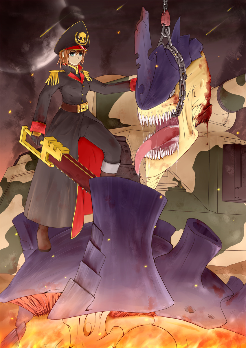 brown_hair chain chainsword commissar decapitation dx8493489 fang green_eyes ground_vehicle hat highres military military_vehicle motor_vehicle peaked_cap tank tongue tyranid warhammer_40k