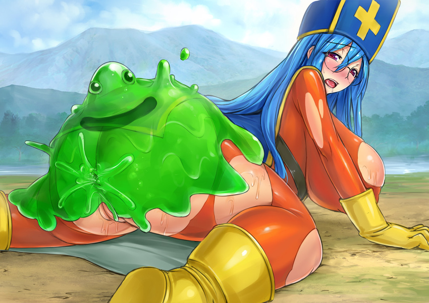 1girl anal anus areolae ass blue_hair bodysuit boots breasts chunsoft clothed_sex dragon_quest dragon_quest_iii enix female from_behind glasses gloves hat huge_breasts large_areolae leotard long_hair looking_back lying mesiuma_joutai monster no_bra no_panties on_ground on_stomach open_mouth priest_(dq3) puffy_nipples purple_eyes pussy sex slime slime_(dragon_quest) solo sweat torn_clothes uncensored