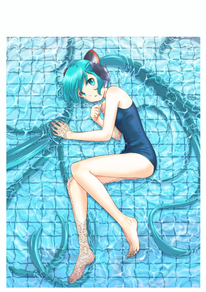 absurdres aqua_eyes aqua_hair barefoot hatsune_miku headphones highres long_hair lying nail_polish on_side one-piece_swimsuit open_mouth partially_submerged solo swimsuit toenail_polish tsune_(dreamers_express) twintails very_long_hair vocaloid water wet
