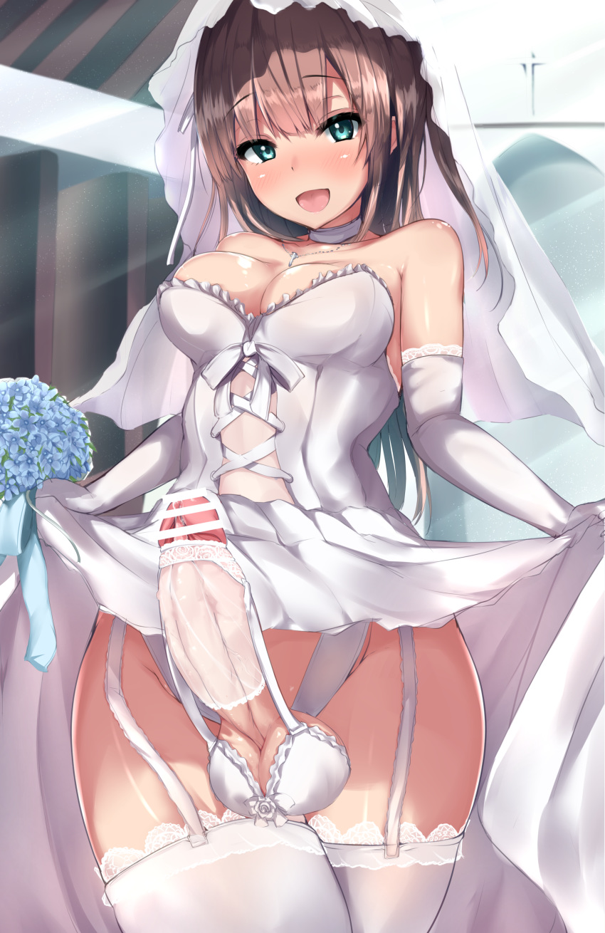 1girl :d absurdres akiamare ball_bra bangs bare_shoulders blue_eyes blue_flower blush bouquet breasts bridal_veil brown_hair choker church cleavage cowboy_shot cross cross-laced_clothes cross_necklace dress dress_lift elbow_gloves erection eyebrows_visible_through_hair flower frilled_dress frills futanari garter_straps gloves hair_ribbon highres jewelry lace lace-trimmed_gloves lace-trimmed_thighhighs large_penis lifted_by_self long_hair medium_breasts necklace nose_blush open_mouth original penis precum ribbon rose smile solo strapless strapless_dress thighhighs tongue two_side_up veil wedding_dress white_choker white_dress white_flower white_gloves white_legwear white_ribbon white_rose