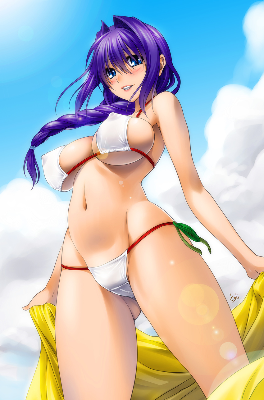 bare_shoulders bikini blue_eyes blush braid breasts cleavage covered_nipples day groin hair_intakes highres kanon large_breasts long_hair looking_at_viewer mature minase_akiko mitarashi_kousei navel purple_hair side-tie_bikini smile solo swimsuit underboob white_bikini