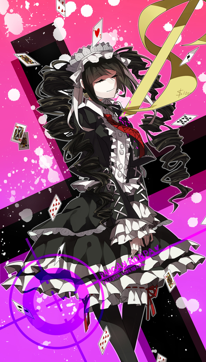 black_dress black_hair black_legwear card celestia_ludenberck closed_eyes danganronpa danganronpa_1 dress drill_hair f_(hiyamatakao) frills gothic_lolita hairband highres lolita_fashion lolita_hairband long_hair long_sleeves necktie smile solo thighhighs twintails very_long_hair