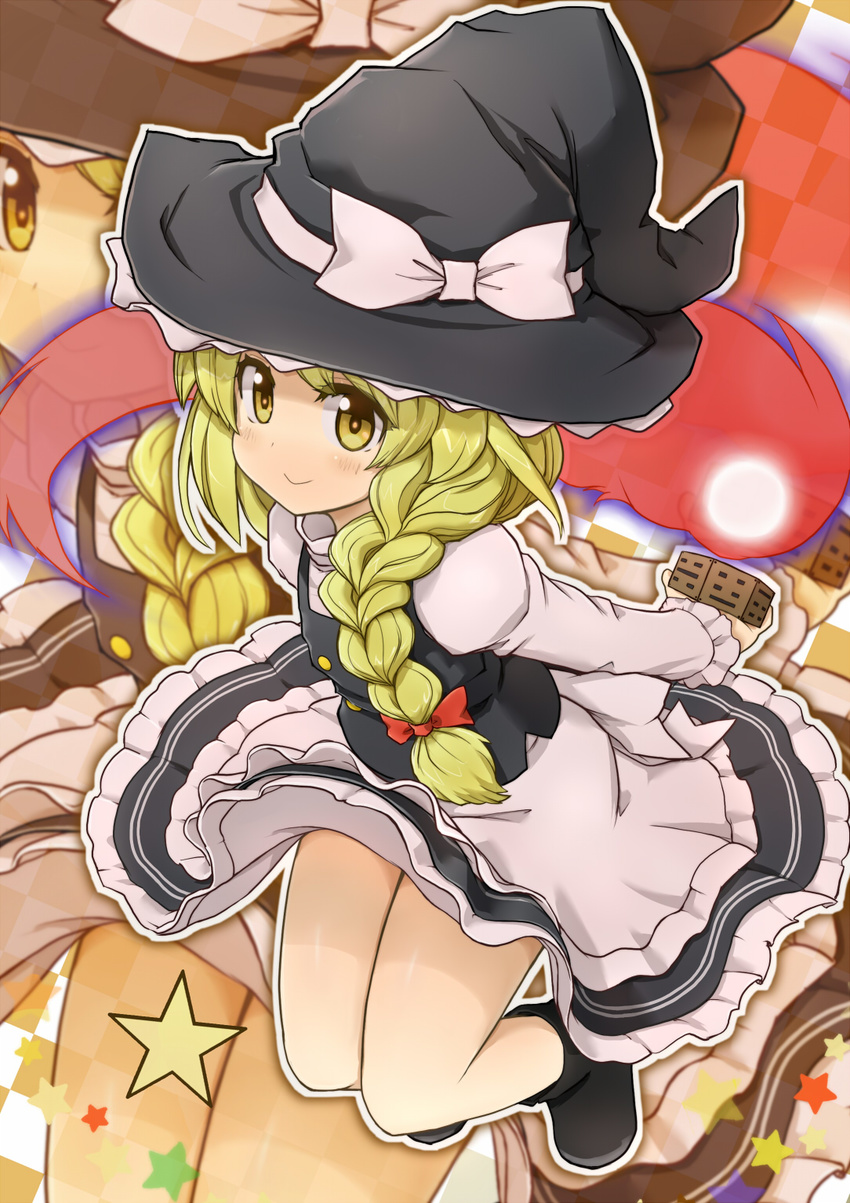 blonde_hair blush braid hat highres kirisame_marisa komito long_hair looking_at_viewer mini-hakkero side_braid single_braid smile solo star touhou witch_hat yellow_eyes zoom_layer