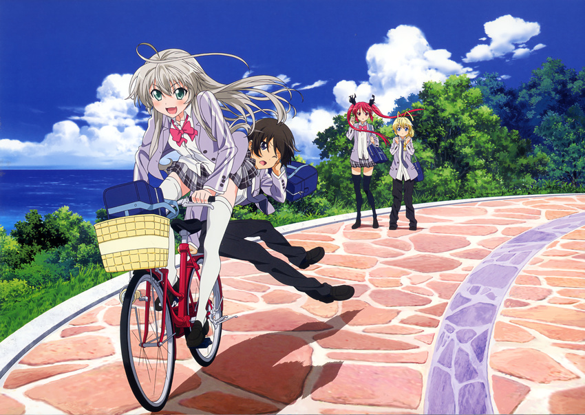 2girls artist_request black_legwear cthugha_(nyaruko-san) haiyore!_nyaruko-san hastur_(nyaruko-san) highres multiple_boys multiple_girls nyarlathotep_(nyaruko-san) official_art school_uniform thighhighs white_legwear yasaka_mahiro