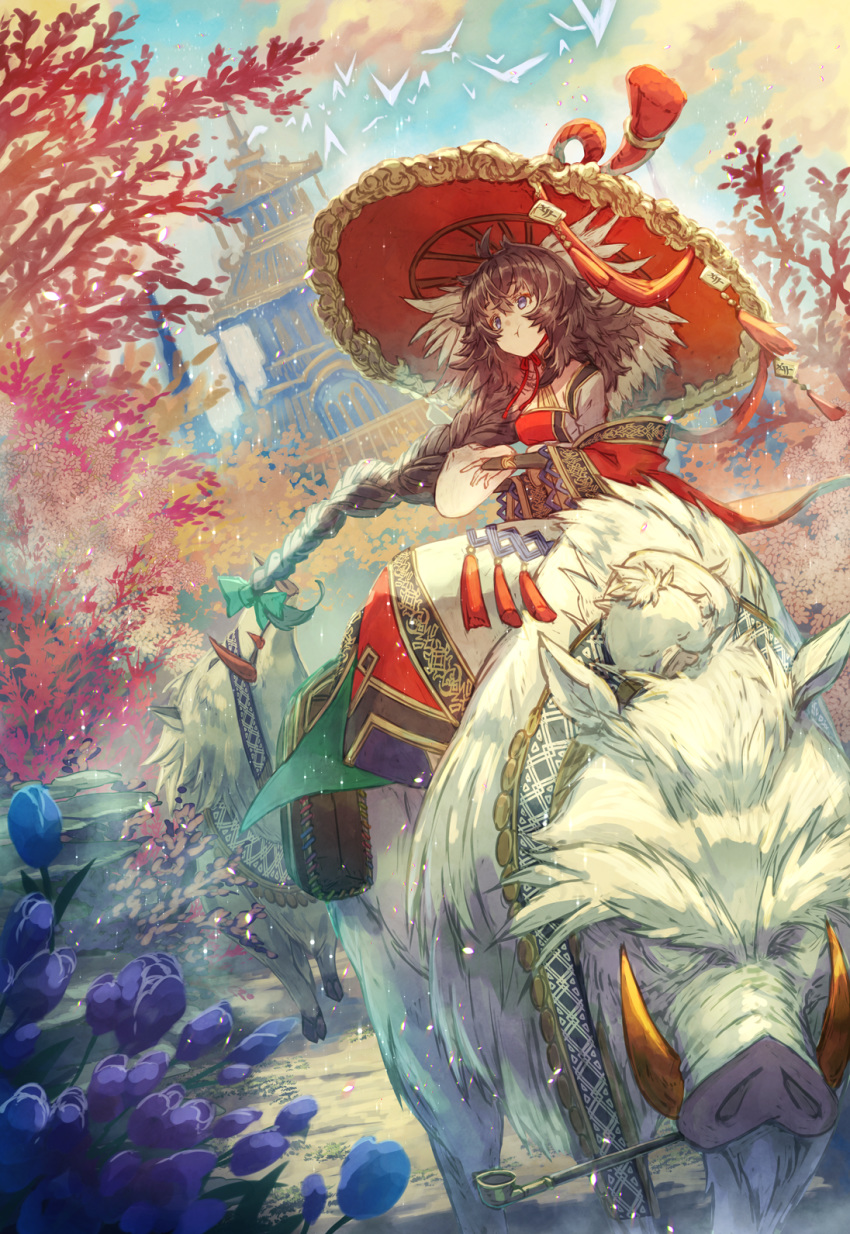 1girl animal architecture bird braid cloud cloudy_sky east_asian_architecture fangs flower hat highres kiseru mito_itsuki multicolored_hair original oversized_animal pig pipe purple_eyes riding saddlebags sidesaddle single_braid sitting sky sleeping tassel tree