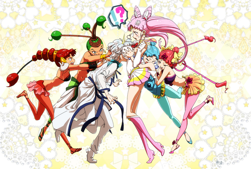 1boy 5girls amazons_quartet between_breasts bikini bishoujo_senshi_sailor_moon blue_legwear blue_leotard boots bow breast_grab breasts cerecere_(sailor_moon) chibi_usa closed_eyes doily from_side full_body grabbing green_eyes green_legwear helios_(sailor_moon) highres horn junjun_(sailor_moon) large_breasts leotard long_hair long_legs multicolored multicolored_clothes multicolored_skirt multiple_girls older one_eye_closed pallapalla_(sailor_moon) pink_footwear pink_legwear pink_sailor_collar red_eyes red_legwear ritio_makoto sailor_chibi_moon sailor_collar sailor_senshi_uniform sandals short_hair skirt super_sailor_chibi_moon swimsuit teenage twintails vesves_(sailor_moon) yellow_bow