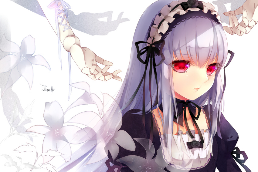 arm_ribbon bad_id bad_pixiv_id bangs black_bow black_flower black_ribbon black_rose bow detached_collar doll_joints flower hair_flower hair_ornament hairband juliet_sleeves lily_(flower) lips lolita_hairband long_hair long_sleeves out_of_frame puffy_sleeves red_eyes ribbon rose rozen_maiden signature silver_hair solo suigintou tukino_(panna) upper_body white_background white_flower white_ribbon