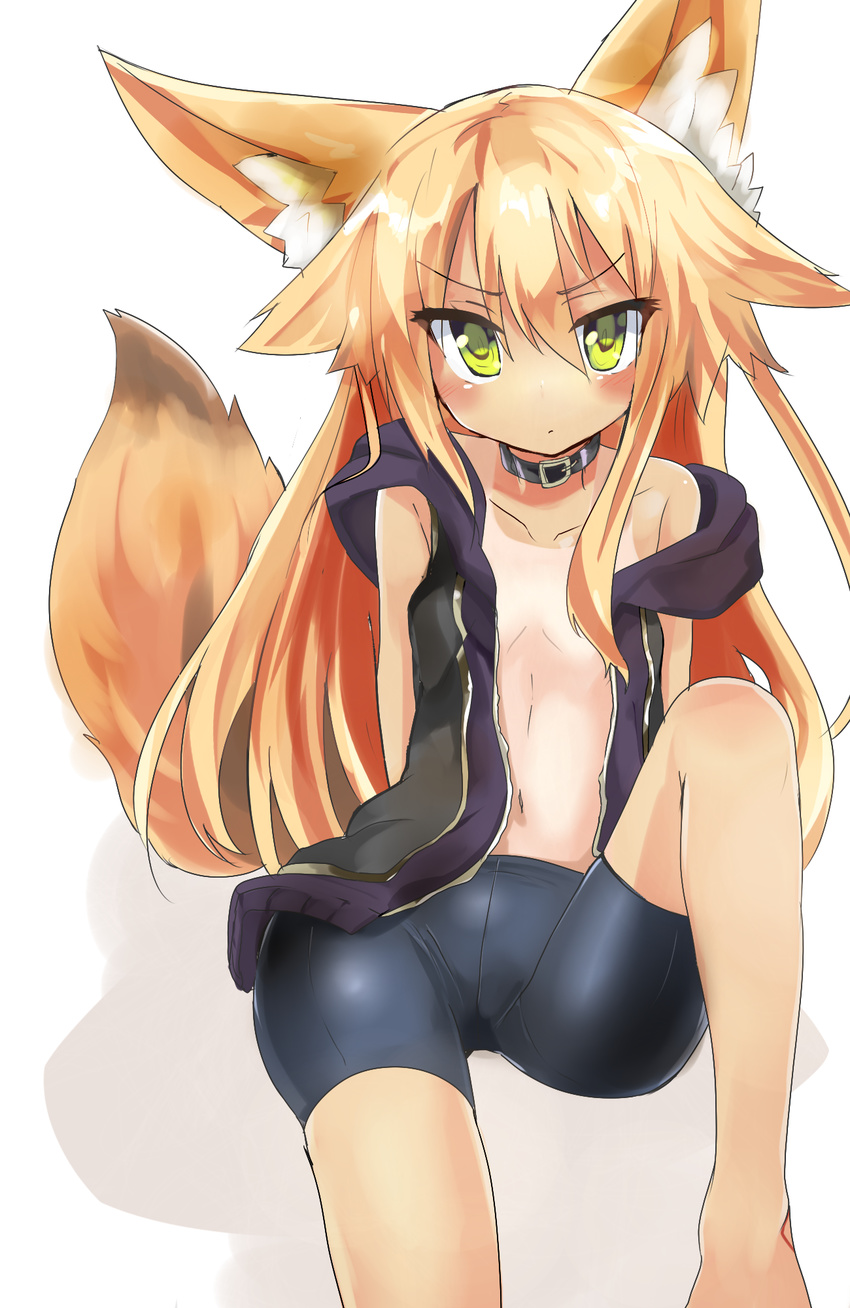 animal_ears bike_shorts blonde_hair collar collarbone fox_ears fox_tail green_eyes haik hair_flaps highres knee_up kokonoe_tsubaki long_hair looking_at_viewer navel original simple_background skin_tight solo tail tan tanline tsurime white_background