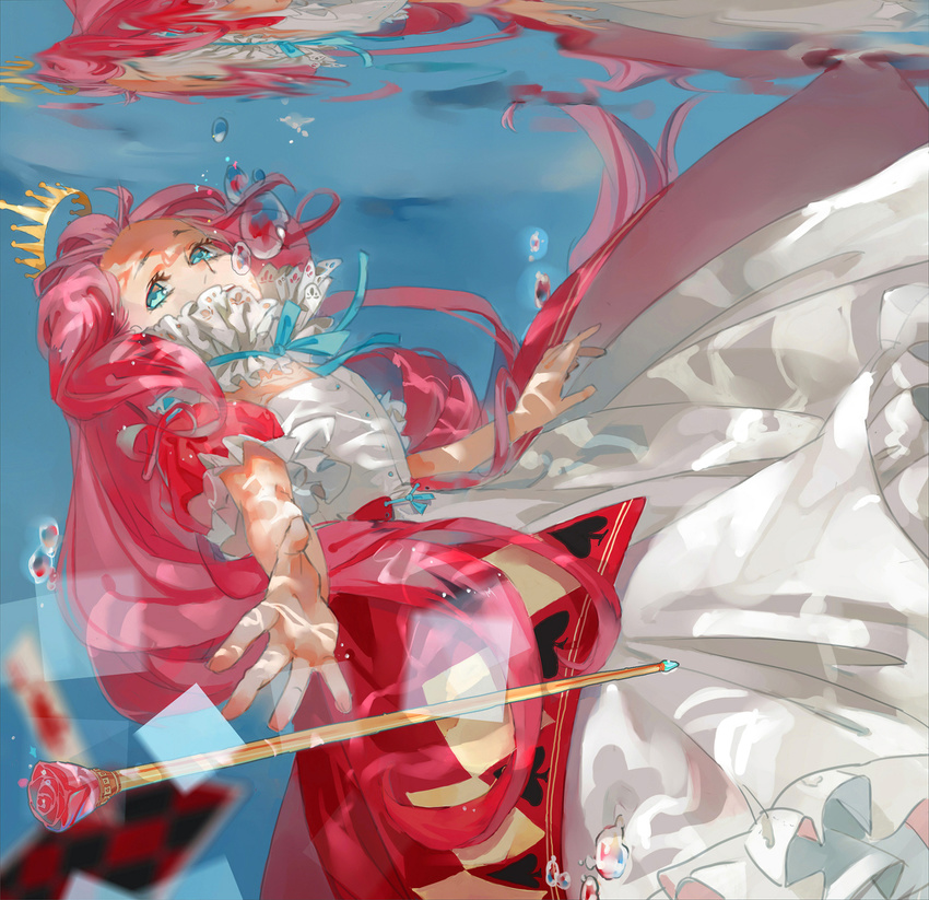 air_bubble alice_in_wonderland alternate_costume asphyxiation bubble card cosplay crown dress drowning highres image_sample long_hair md5_mismatch megurine_luka open_mouth pink_hair pixiv_sample princess queen_of_hearts queen_of_hearts_(cosplay) reflection solo staff submerged underwater vocaloid water water_surface weapon wet wet_clothes xiayu93