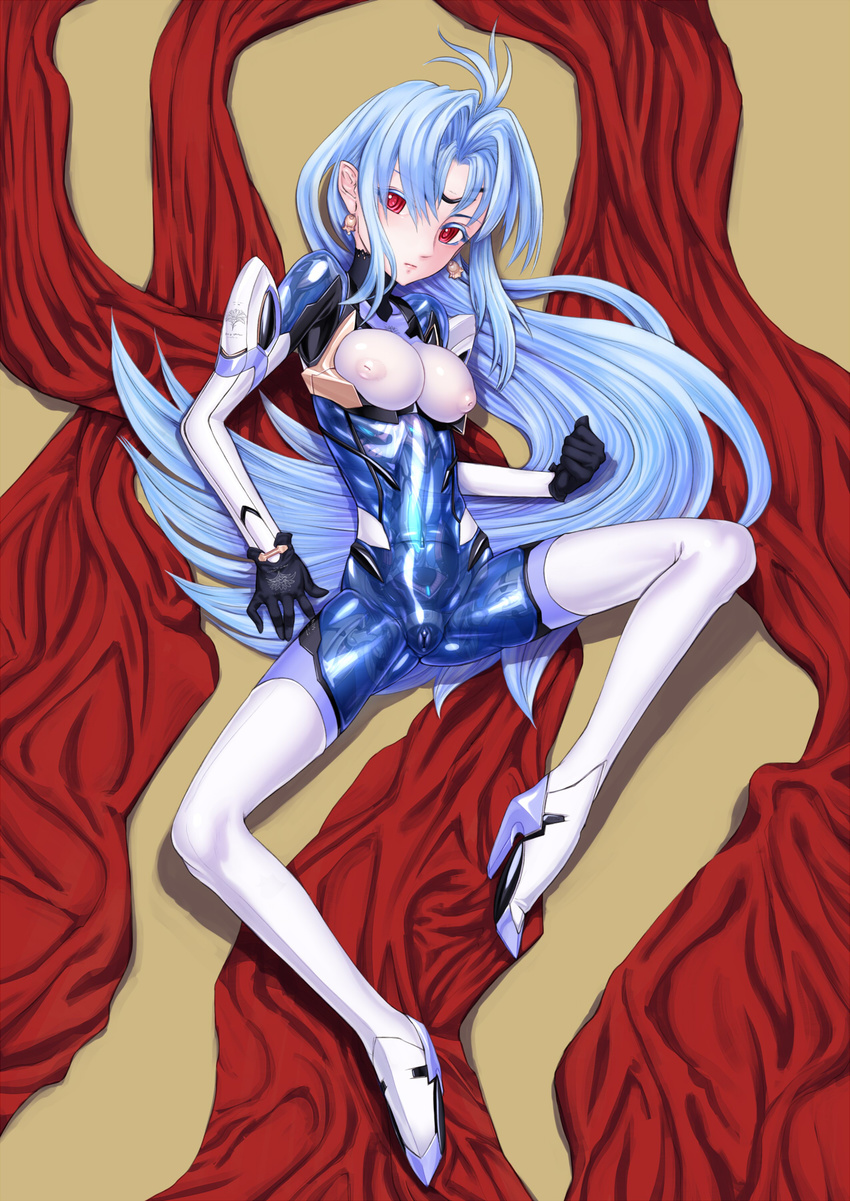 android blue_hair boots breasts curtains earrings expressionless from_above gloves highres inverted_nipples jewelry kos-mos large_breasts long_hair looking_at_viewer lying mechanical_parts musen-shiki_sanhankikan navel nipples nude on_back parts_exposed pointy_ears pussy red_eyes solo spread_legs thigh_boots thighhighs translucent transparent very_long_hair xenosaga xenosaga_episode_ii