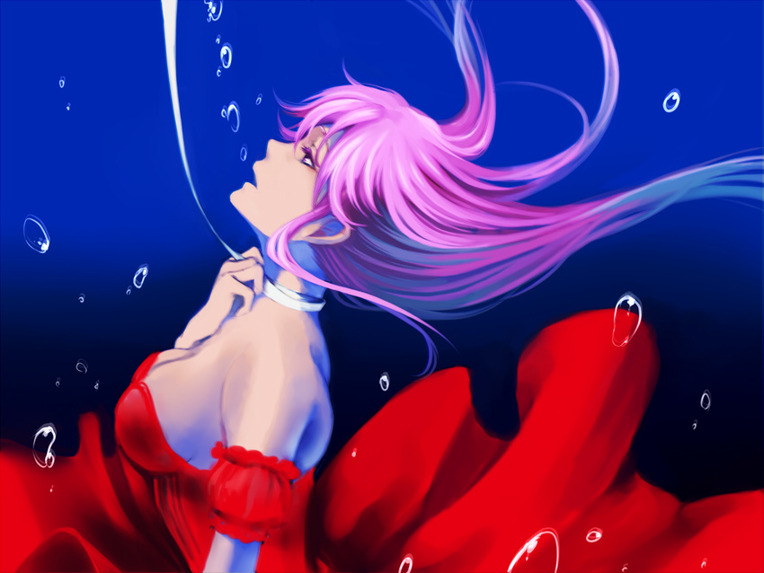 air_bubble alternate_costume bare_shoulders breasts bubble bubble_blowing choker detached_sleeves dress floating_hair from_side gradient gradient_background long_hair looking_up medium_breasts megurine_luka nijiri_fumi open_mouth piapro pink_hair red_dress ribbon ribbon_choker solo underwater vocaloid water