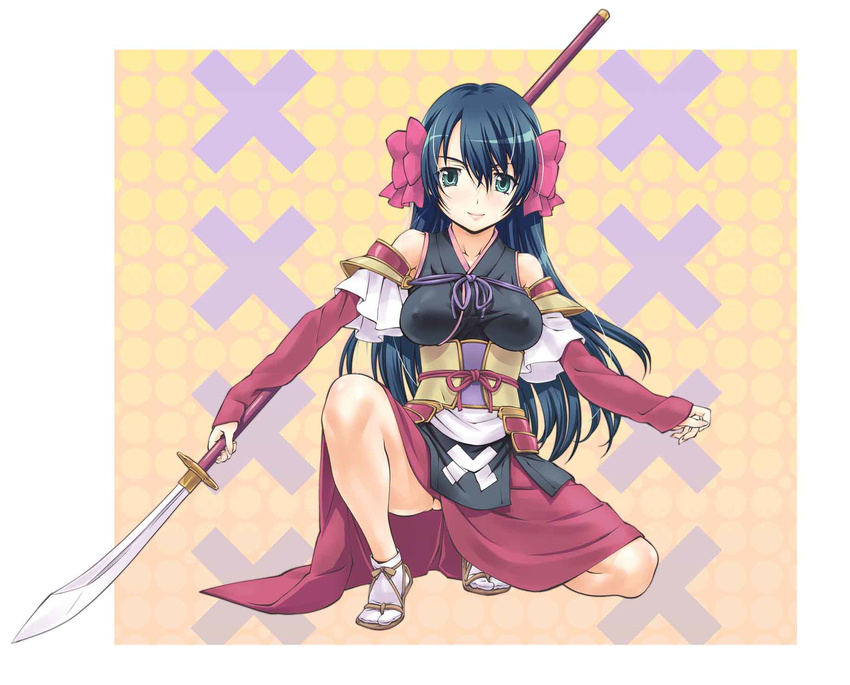 armor bare_shoulders blue_hair blush bow breasts green_eyes hair_bow highres japanese_armor kusazuri large_breasts long_hair naginata niwa_nagahide_(oda_nobuna_no_yabou) oda_nobuna_no_yabou polearm smile solo squatting suzuki24 weapon