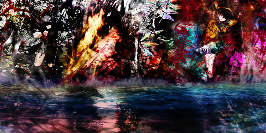 abstract absurdres blood bouzu_(pivuv) different_reflection fire flandre_scarlet highres houjuu_nue komeiji_koishi multiple_girls reflection stage_connection touhou water
