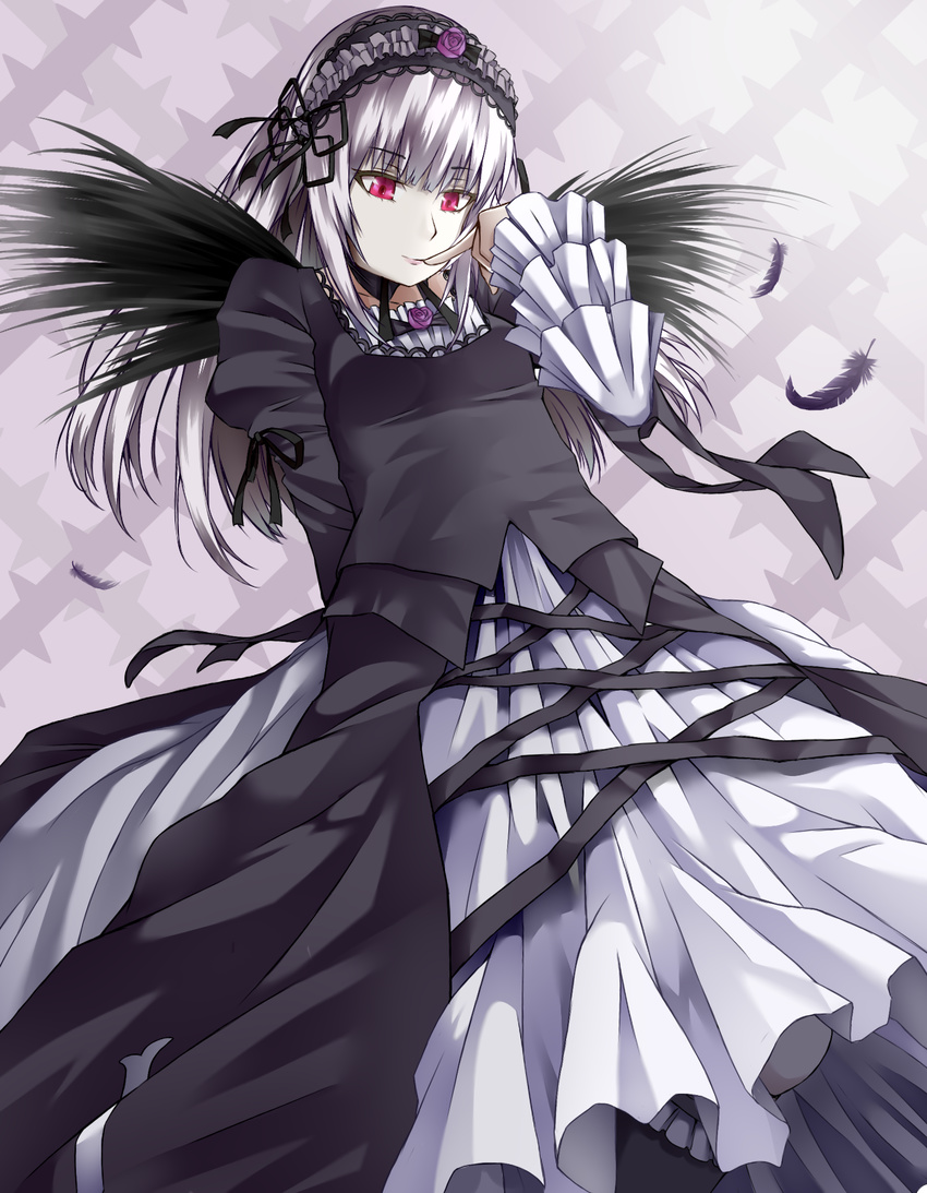 bad_id bad_pixiv_id bobu_shingari bow dress feathers finger_to_mouth flower gothic_lolita hairband highres lolita_fashion long_hair looking_down purple_background purple_flower purple_rose red_eyes rose rozen_maiden silver_hair suigintou wings