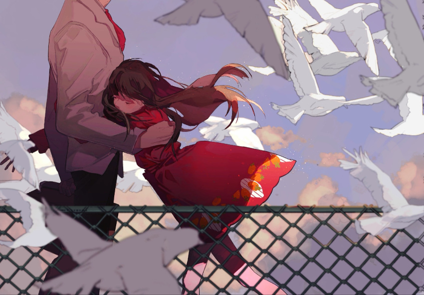 1girl bangs bird black_pants blue_sky brown_hair cloud coat dove eyes_closed fence head_out_of_frame highres holding hug long_hair original out_of_frame pants red_coat red_neckwear redum4 shirt sky white_shirt