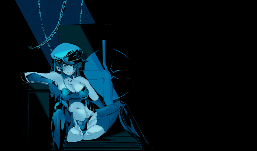 akame_ga_kill! aqua_hair blue blue_eyes blush boots breasts bustier chain choker cleavage dominatrix drawfag elbow_gloves esdeath gloves grin hair_over_one_eye hat highres large_breasts latex latex_boots latex_gloves leather leather_boots leather_gloves long_hair monochrome navel non-web_source panties parted_lips peaked_cap smile solo thigh_boots thighhighs underwear uniform very_long_hair