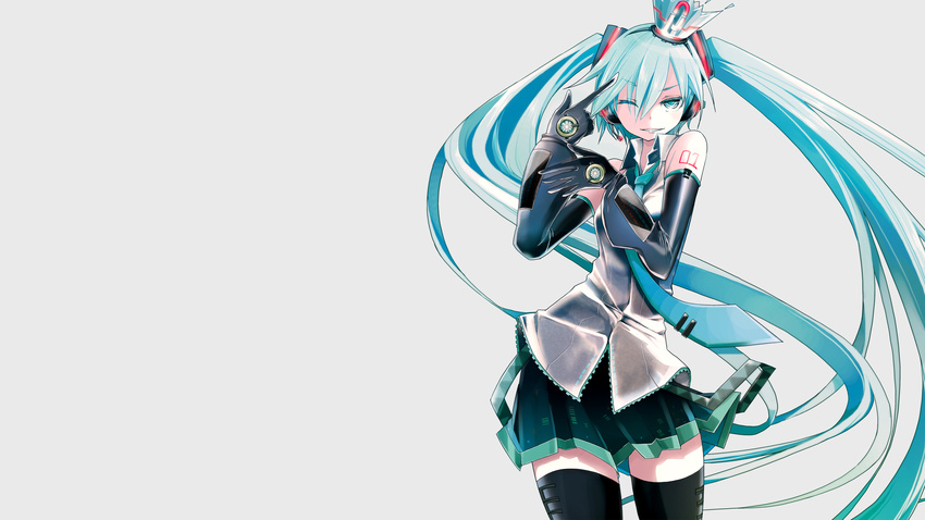 aqua_eyes aqua_hair gloves hatsune_miku long_hair tansuke twintails vocaloid zettai_ryouiki