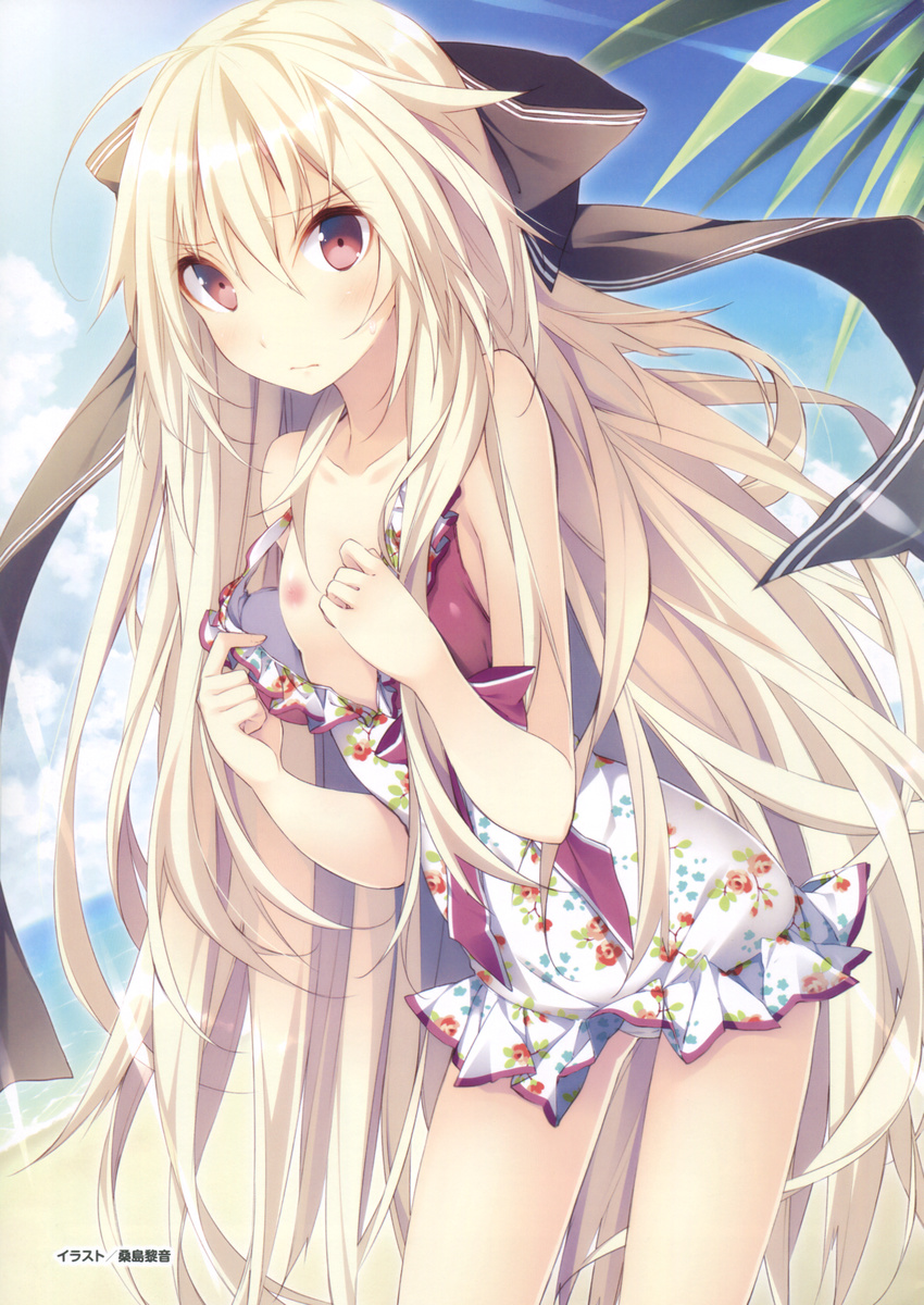 absurdres aka-san_to_kyuuketsuki alexandra_ann-christine_axelina blonde_hair bow casual_one-piece_swimsuit flat_chest floral_print hair_bow highres huge_filesize kuwashima_rein long_hair nipples one-piece_swimsuit pink_eyes print_swimsuit swimsuit undressing very_long_hair wavy_mouth