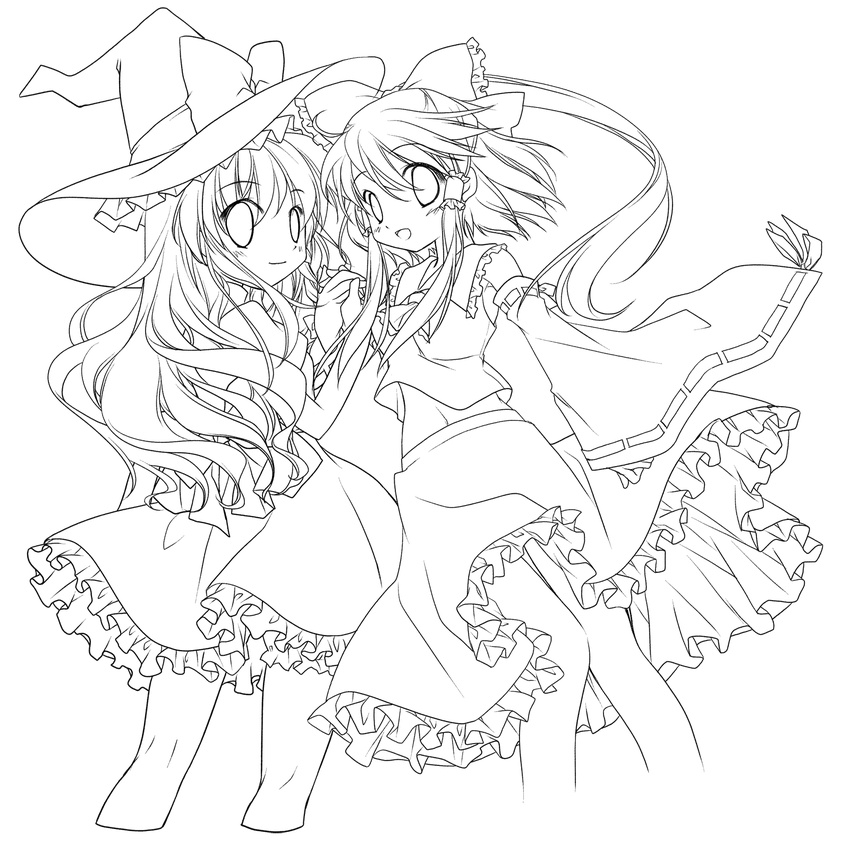 an_natsuki bow detached_sleeves greyscale hair_bow hakurei_reimu hat highres holding_hands kirisame_marisa lineart long_hair looking_at_viewer midriff monochrome multiple_girls navel open_mouth smile touhou witch_hat