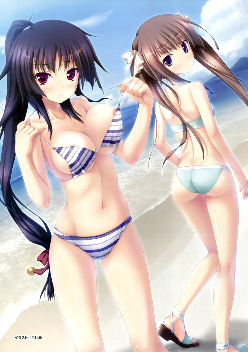 :&lt; absurdres areola_slip areolae ass bare_shoulders beach bell bikini bikini_pull black_hair blue_eyes blush breasts brown_hair cleavage collarbone day fingernails green_bikini hair_bell hair_ornament hairclip hapymaher hasuno_saki highres hirasaka_keiko large_breasts long_fingernails long_hair looking_back multiple_girls navel nipple_slip nipples ponytail pulled_by_self red_eyes sandals scan shiny shiny_skin strap_lift striped striped_bikini striped_swimsuit swimsuit tsukimori_hiro twintails very_long_hair