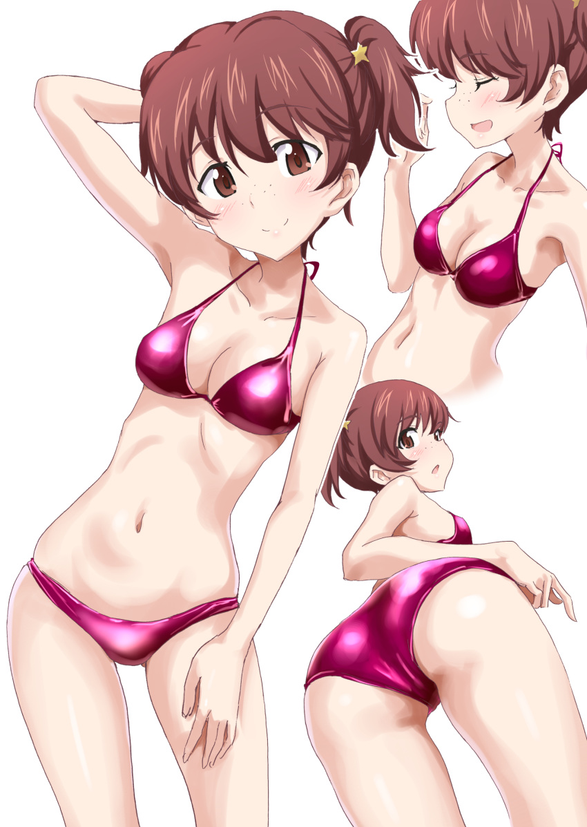 1girl alisa_(girls_und_panzer) arm_behind_head ass bare_arms bare_legs bare_shoulders bikini breasts cleavage closed_mouth collarbone commentary_request contrapposto eyes_closed freckles gin'you_haru girls_und_panzer gluteal_fold hair_ornament halter_top halterneck hand_up highres light_smile looking_at_viewer medium_breasts multiple_views navel pink_bikini shiny shiny_clothes short_twintails simple_background standing star star_hair_ornament swimsuit twintails white_background