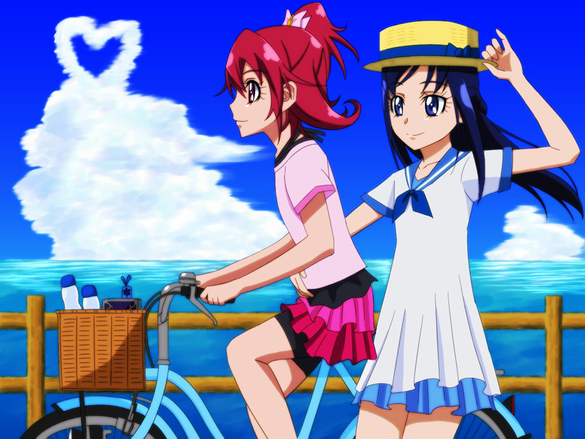 agetake aida_mana arm_around_waist bad_id bad_pixiv_id bicycle blue_eyes blue_hair blue_sailor_collar blue_sky cloud couple day dokidoki!_precure ground_vehicle hand_on_headwear hand_up hat heart hishikawa_rikka long_hair multiple_girls ocean pink_eyes pink_hair pinky_out precure profile riding sailor_collar sidesaddle sky smile yuri