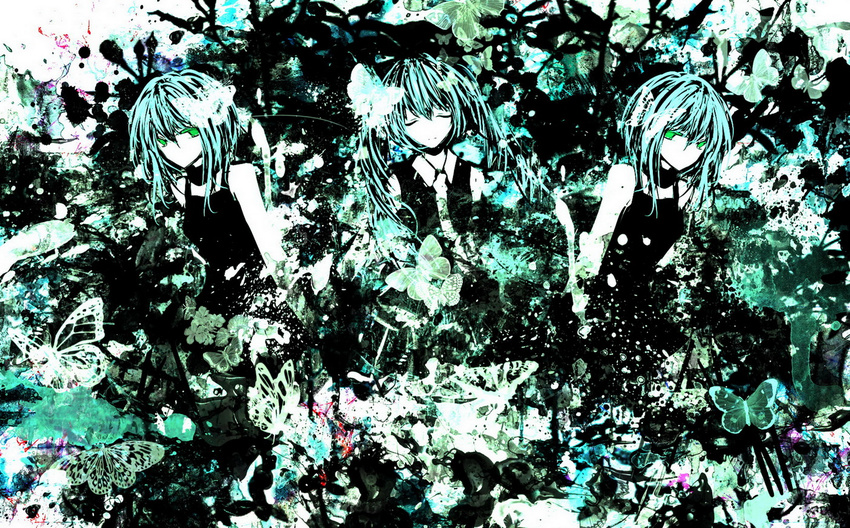 aqua_hair butterfly green_eyes hatsune_miku long_hair ruuya_higashino tie twintails vocaloid