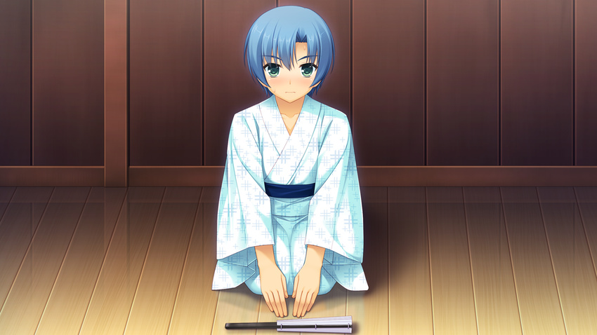 blue_hair blush game_cg green_eyes japanese_clothes kagura_kazusa kimono male_focus saimin_enbu sayori sitting solo