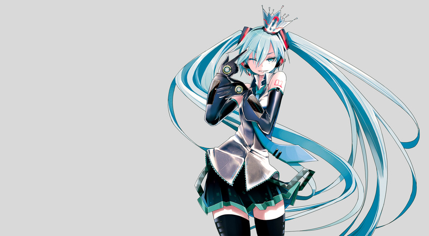 aqua_eyes aqua_hair crown gloves hatsune_miku highres long_hair miniskirt necktie one_eye_closed skirt smile solo tansuke thighhighs twintails very_long_hair vocaloid zettai_ryouiki