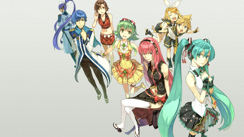 5girls adapted_costume album_cover alternate_costume aqua_eyes aqua_hair bare_shoulders black_legwear blonde_hair blue_eyes blue_hair blue_scarf boots bow bowtie bracelet breasts brown_eyes brown_hair checkered cleavage closed_eyes cover crossed_legs dress floral_print flower goggles goggles_on_head green_eyes green_hair gumi hair_ornament hair_ribbon hairband hairclip hands_on_own_chest hatsune_miku headphones hidari_(left_side) highres jewelry kagamine_len kagamine_rin kaito kamui_gakupo kneehighs leg_up leg_warmers long_hair looking_back medium_breasts megurine_luka meiko midriff multiple_boys multiple_girls navel necktie open_mouth outstretched_arms pink_hair ponytail print_legwear purple_hair ribbon sailor_collar sandals scarf short_hair shorts siblings sitting skirt smile socks spread_arms thighhighs twins twintails very_long_hair vocaloid wallpaper white_legwear wrist_cuffs zettai_ryouiki