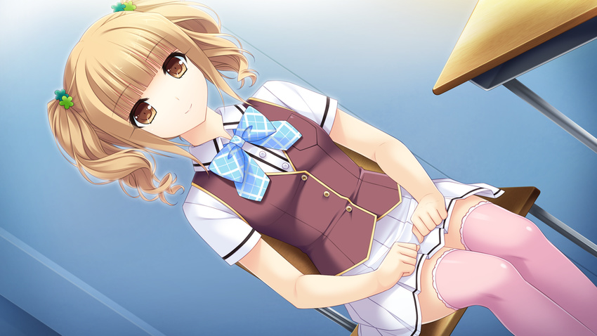 bangs blonde_hair blunt_bangs bow bowtie breasts brown_eyes buttons chair classroom clenched_hands desk dutch_angle game_cg hair_ornament indoors light_smile looking_at_viewer misato_minori petite pink_legwear plaid pleated_skirt saimin_enbu sayori school_desk shirt short_hair short_sleeves short_twintails sidelocks sitting skirt small_breasts smile solo thighhighs twintails vest wavy_hair wing_collar zettai_ryouiki