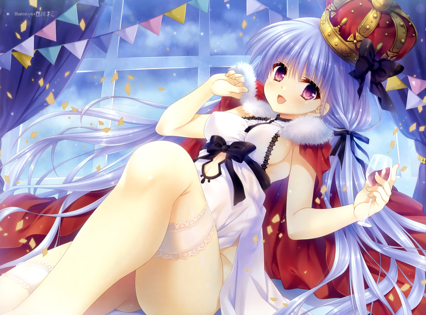 :d absurdres blue_hair breasts brown_hair cape confetti copyright_request cup drinking_glass highres leg_garter medium_breasts no_bra no_panties open_mouth purple_eyes smile streamers tatekawa_mako wine_glass