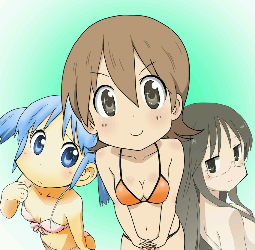 3girls aioi_yuuko bikini bikini_pull black_eyes black_hair blue_eyes blue_hair breasts brown_eyes brown_hair cleavage covered_nipples erect_nipples frown glasses highres long_hair minakami_mai multiple_girls naganohara_mio navel nichijou nude satoda_shouji short_hair smile swimsuit swimsuit_pull twintails