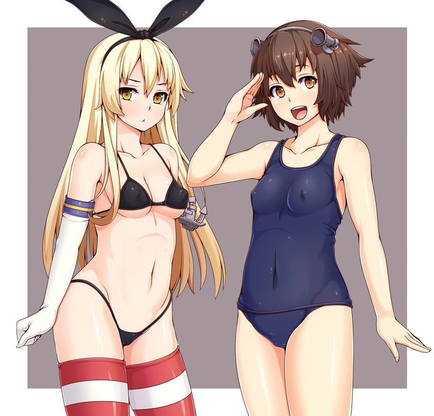 :d anchor anchor_hair_ornament ao_banana bangs bikini blonde_hair breasts brown_eyes brown_hair commentary_request covered_navel covered_nipples elbow_gloves gloves hair_ornament hairband highleg highleg_bikini highleg_swimsuit highres kantai_collection long_hair medium_breasts multiple_girls navel one-piece_swimsuit open_mouth salute school_swimsuit shimakaze_(kantai_collection) short_hair smile striped striped_legwear swimsuit thighhighs white_gloves yellow_eyes yukikaze_(kantai_collection)