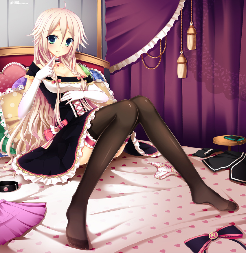 ahoge bed blonde_hair blush bow bow_panties braid brown_legwear cellphone choker elbow_gloves feet frilled_pillow frills frown garters gloves green_eyes hand_to_own_mouth highres ia_(vocaloid) knees_together_feet_apart kukan legs long_hair long_legs off_shoulder panties panties_removed phone pillow polka_dot polka_dot_panties solo thighhighs thighs twin_braids underwear vocaloid white_panties