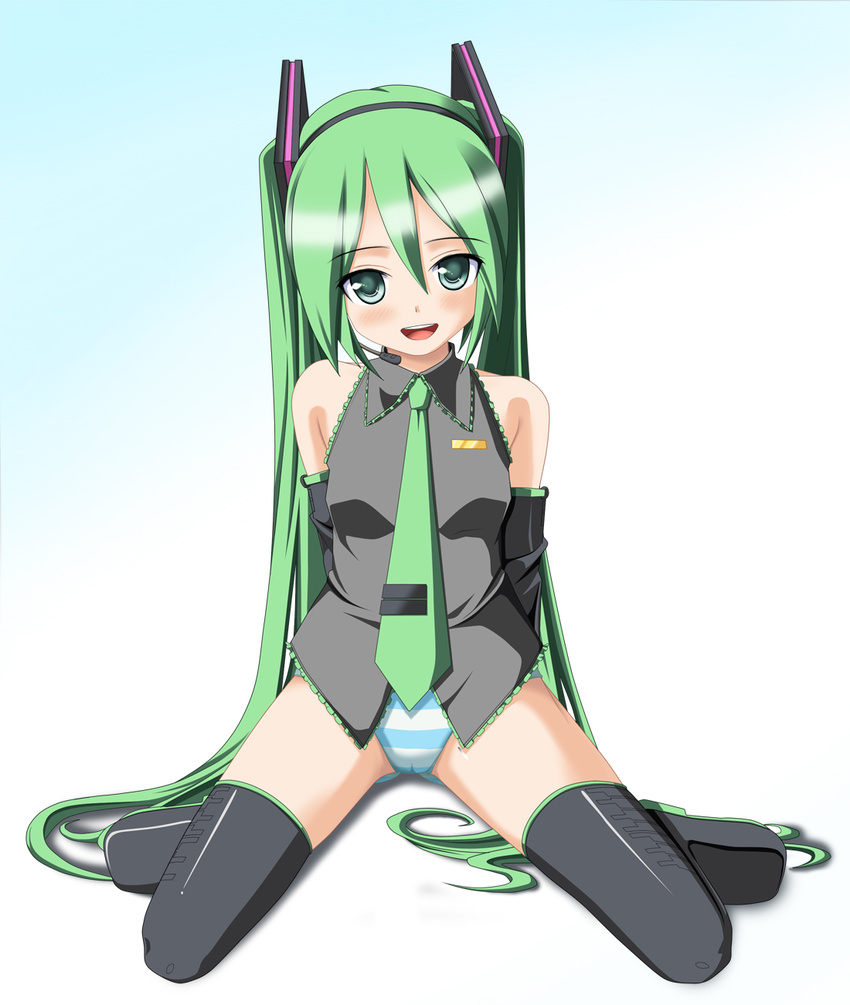 arms_behind_back black_legwear blush breasts colorized detached_sleeves green_eyes green_hair hatsune_miku highres hoshino_sora long_hair looking_at_viewer necktie open_mouth panties small_breasts smile solo striped striped_panties thighhighs twintails underwear very_long_hair vocaloid