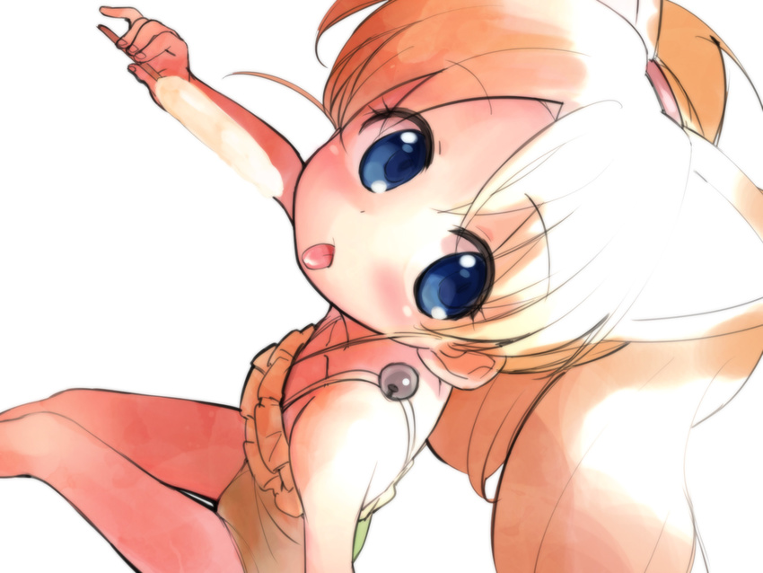 :p animal_ears bell blonde_hair blue_eyes blush casual_one-piece_swimsuit cat_ears fang food highres jewelpet_(series) jewelpet_twinkle long_hair miria_marigold_mackenzie nyama one-piece_swimsuit open_mouth perspective popsicle solo swimsuit tongue tongue_out twintails