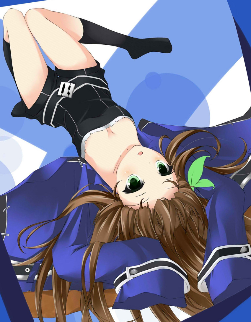 1girl :o blush bow boyshorts breasts brown_hair choujigen_game_neptune cleavage dialclock green_eyes hair_bow hands_in_sleeves highres if_(choujigen_game_neptune) long_hair long_sleeves looking_at_viewer lying neptune_(series) on_back open_mouth small_breasts smile solo upside-down upside_down